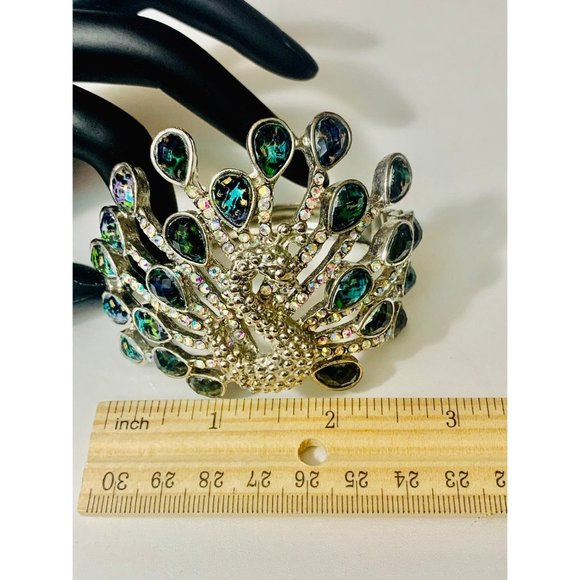 Rhinestone Peacock Boho Hinged Cuff Bracelet - Picture 5 of 10